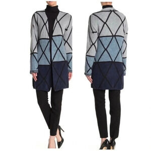 NWT Joseph A Ombré Grid Knit Cardigan Sweater Jacket Blue Stripe Print Geometric